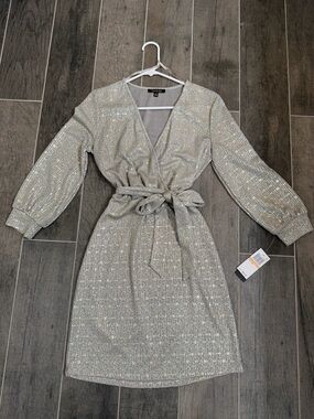 City Studio Silver Metallic Wrap Dress with Belt